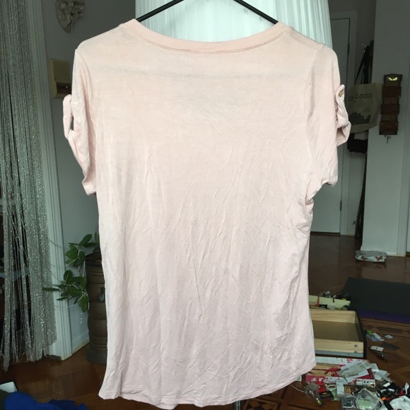 Light Pink V Neck T-shirt Button Sleeves Top Rose - Picture 5 of 5